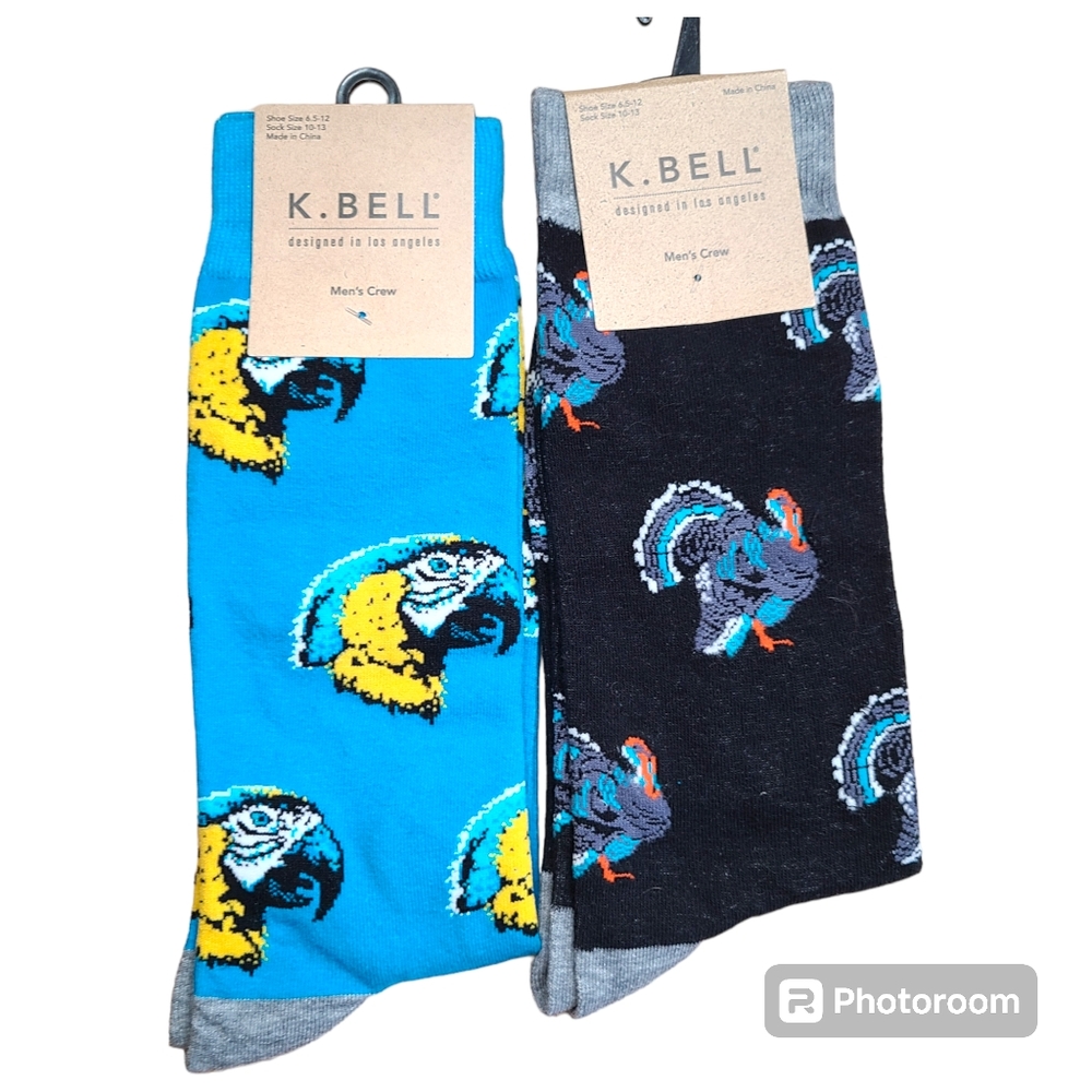 K.BELL Dress Socks Mens Size 10-13 Blue Parrothead, Gray Turkey Gift Giving NWT